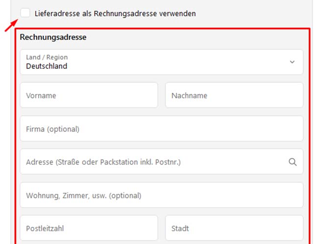 Wie kann ich eine der Rechnungsadresse abweichende Lieferadresse angeben?