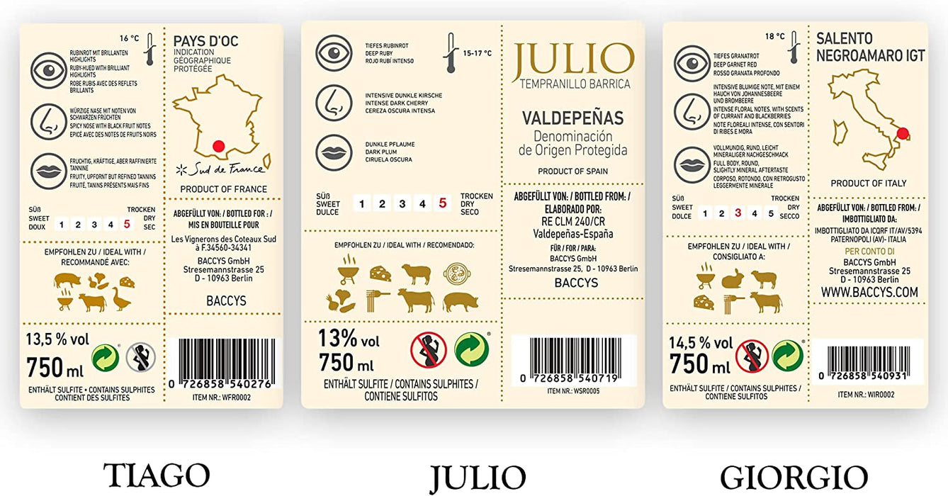 BACCYS Probierpaket Rotweine trocken - 3 x 0.75L